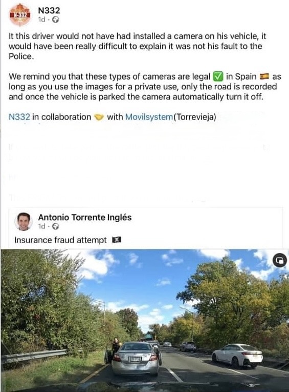 A post from the N332 page on facebook explaining about a dash cam helping prove an incident to the police